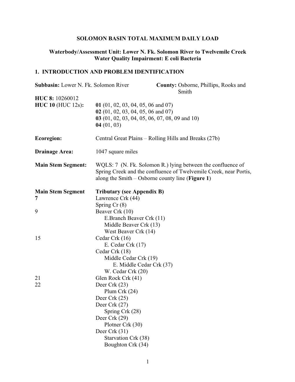 Lower N. Fk. Solomon River to Twelvemile Creek Water Quality Impairment: E Coli Bacteria