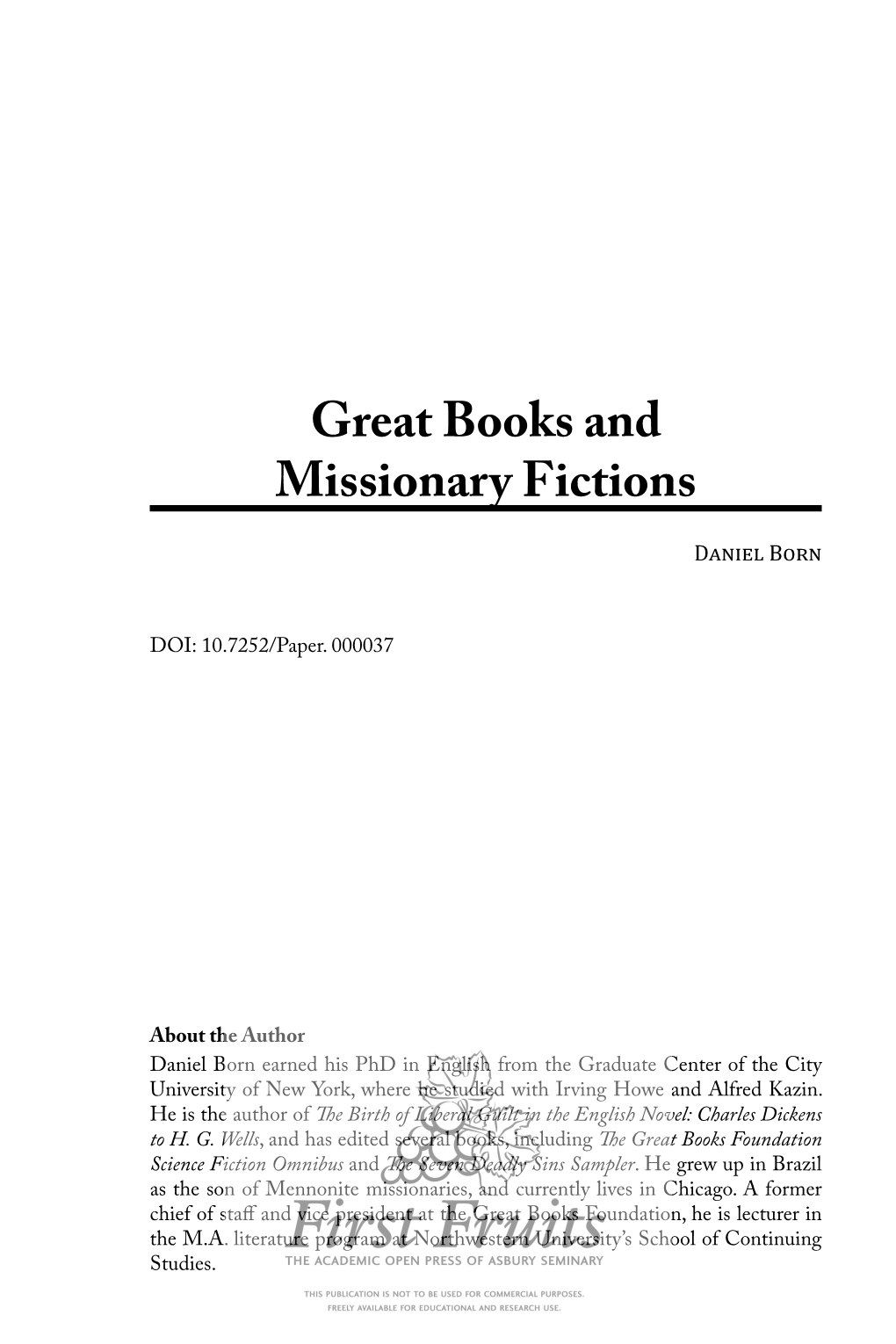 Great Books and Missionary Fictions Daniel Born