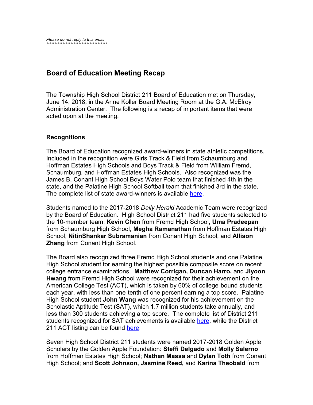 Board of Education Meeting Recap 6-14-2018