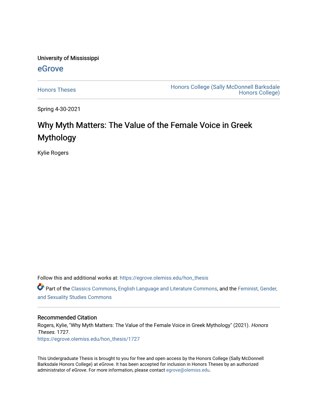 Why Myth Matters: the Value of the Female Voice in Greek Mythology