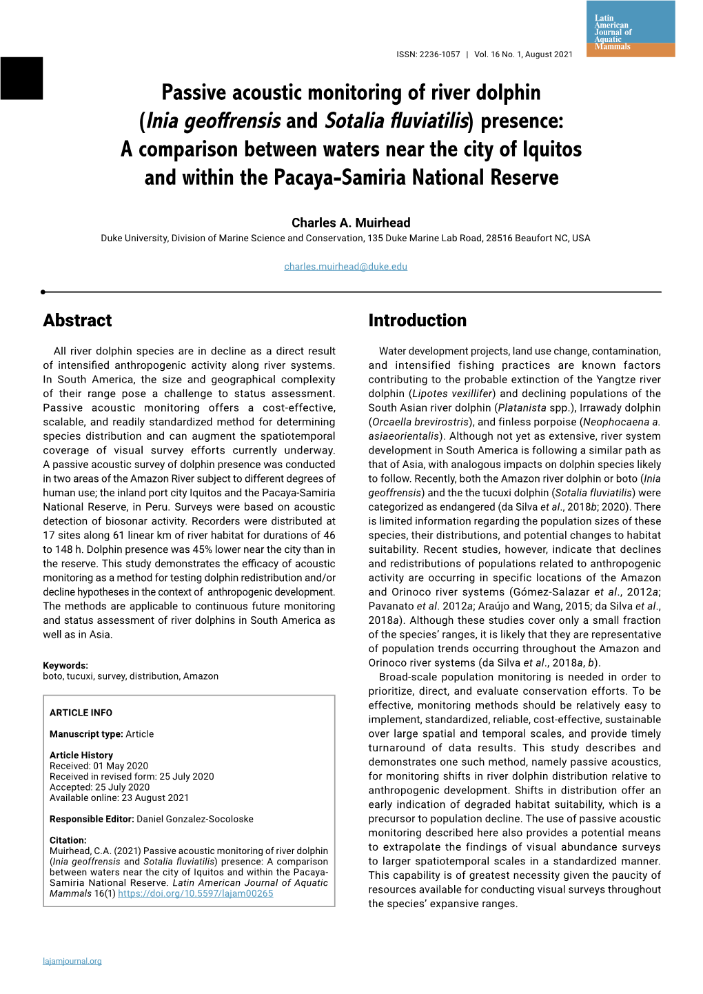 Passive Acoustic Monitoring of River Dolphin