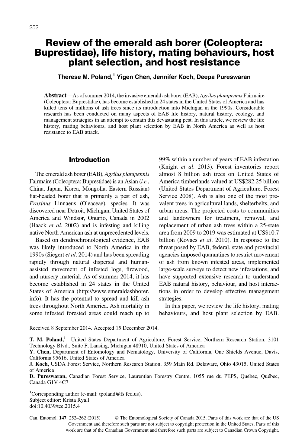 Review of the Emerald Ash Borer (Coleoptera: Buprestidae), Life History, Mating Behaviours, Host Plant Selection, and Host Resistance