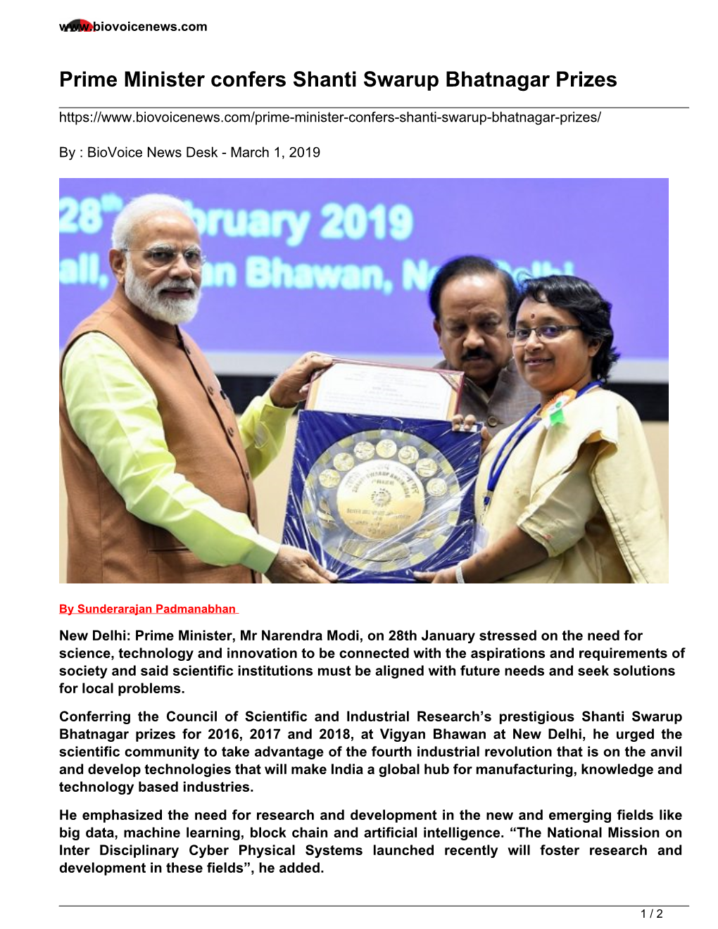 Prime Minister Confers Shanti Swarup Bhatnagar Prizes
