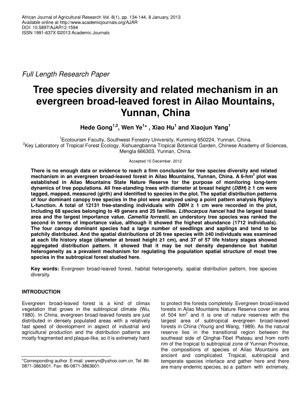 Tree Species Diversity and Related Mechanism in an Evergreen Broad-Leaved Forest in Ailao Mountains, Yunnan, China