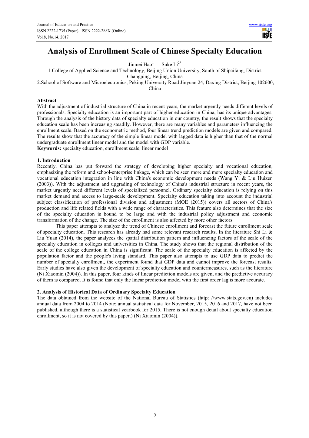 Analysis of Enrollment Scale of Chinese Specialty Education