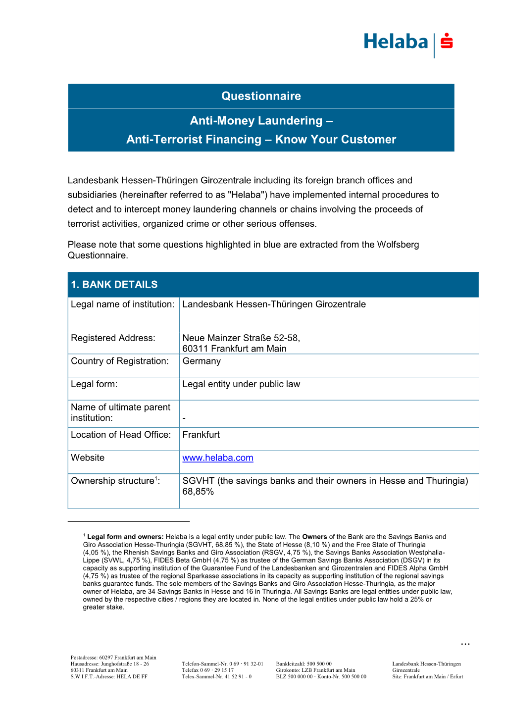 Questionnaire Anti-Money Laundering – Anti-Terrorist Financing