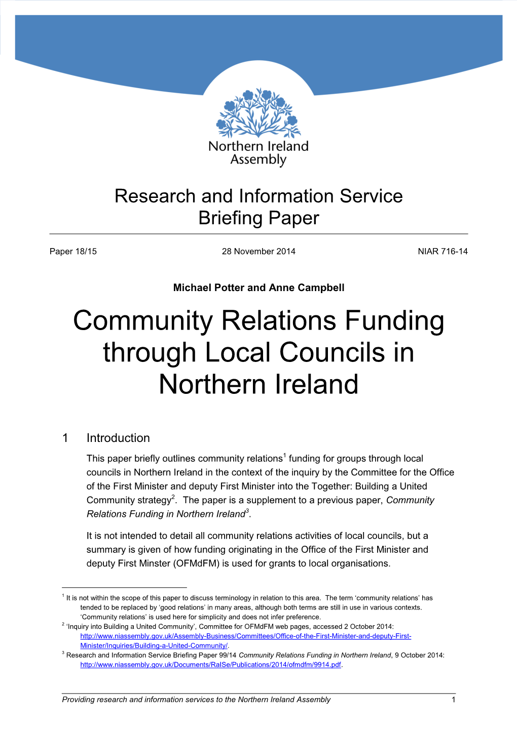 Community Relations Funding Through Local Councils in Northern Ireland