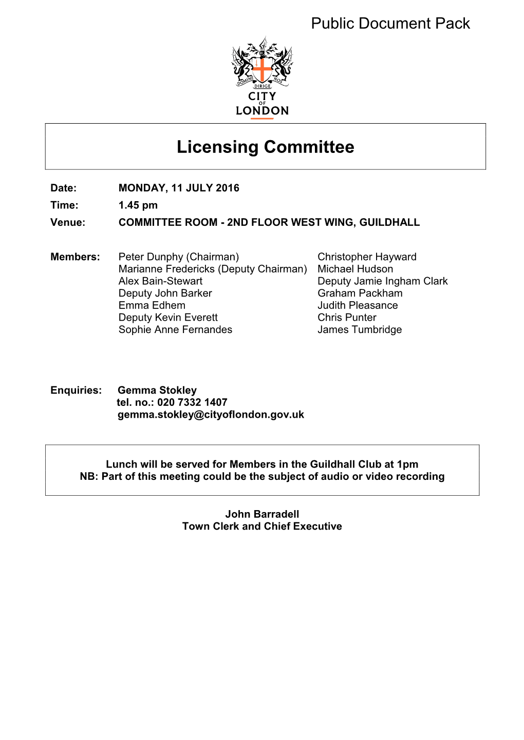 (Public Pack)Agenda Document for Licensing Committee, 11/07/2016
