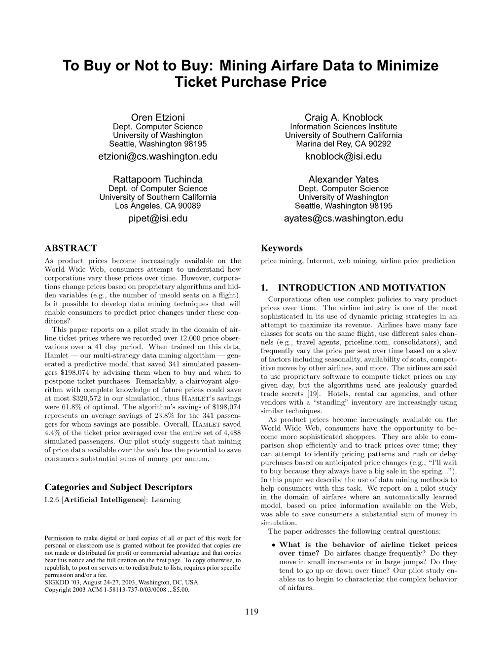 Mining Airfare Data to Minimize Ticket Purchase Price