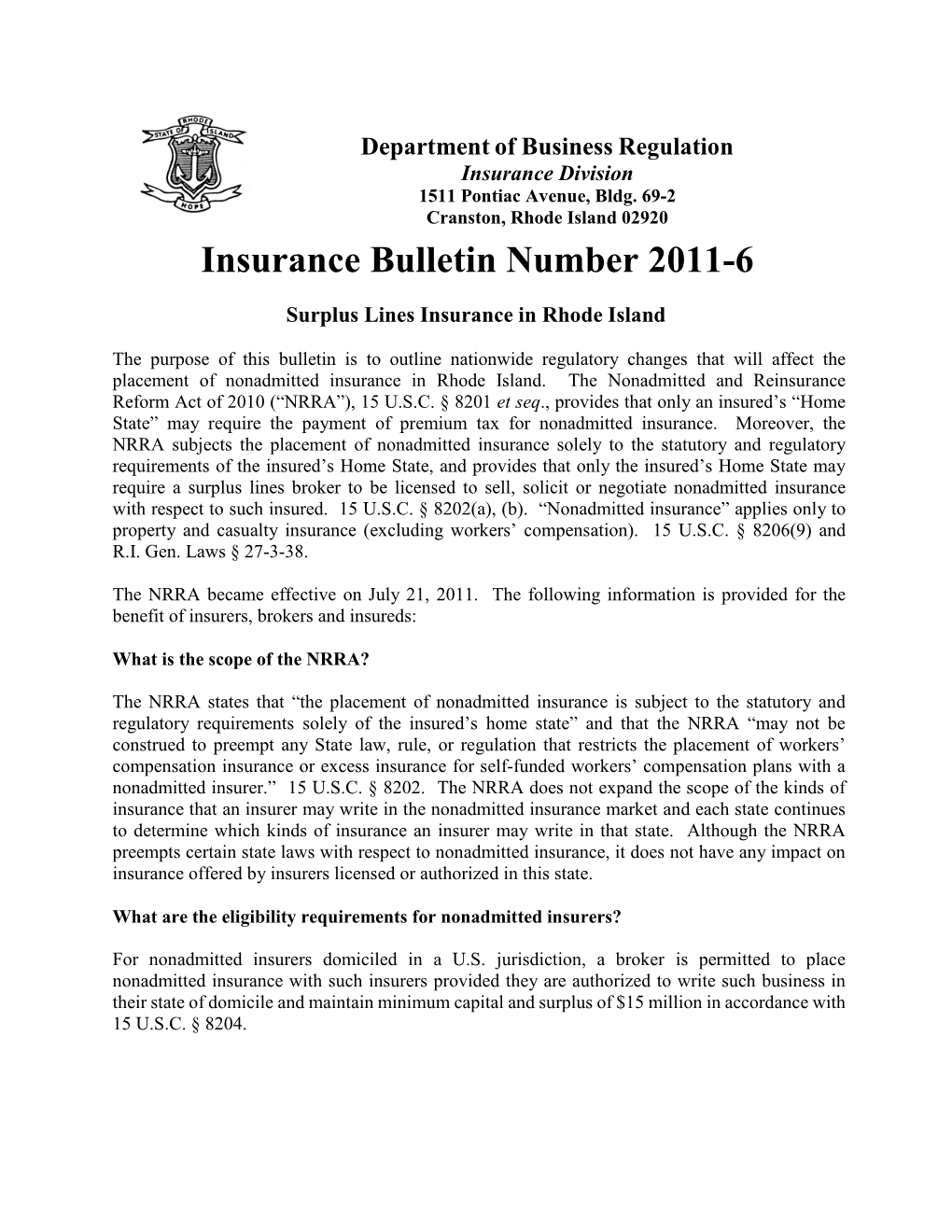 2011-6 Surplus Lines Insurance in Rhode Island