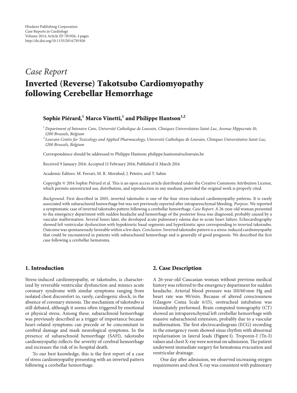 Inverted (Reverse) Takotsubo Cardiomyopathy Following Cerebellar Hemorrhage