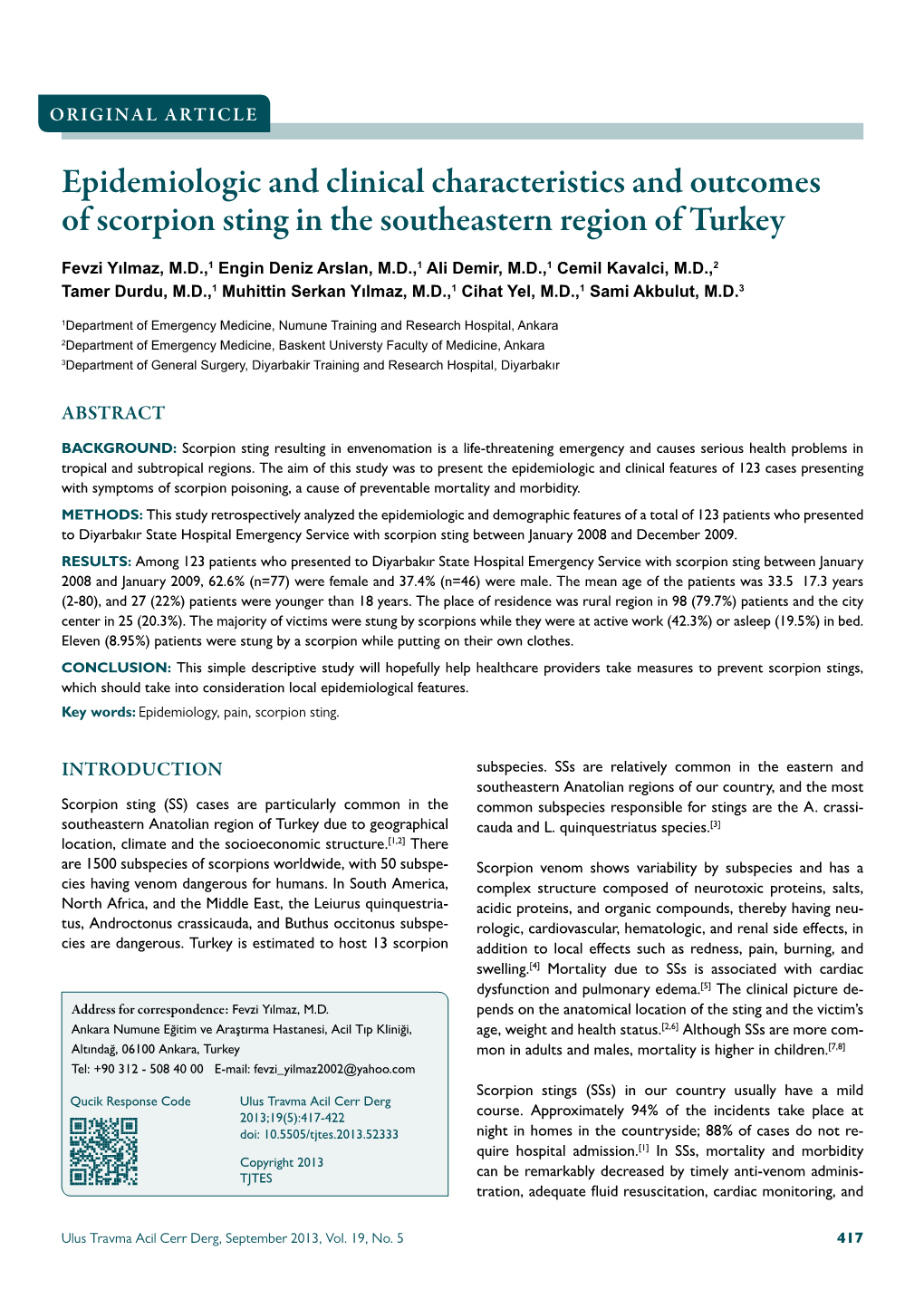 Epidemiologic and Clinical Characteristics and Outcomes of Scorpion Sting in the Southeastern Region of Turkey