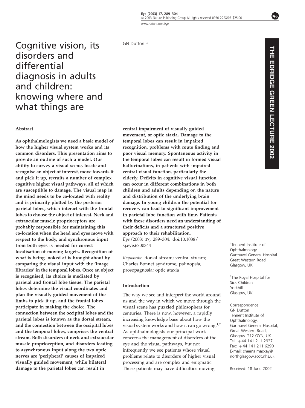 Cognitive Vision, Its Disorders and Differential Diagnosis In