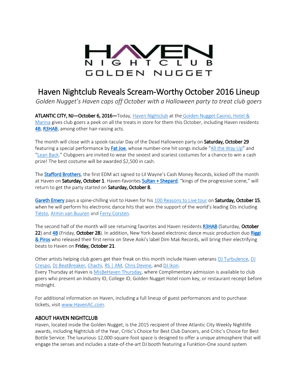 Haven Nightclub Reveals Scream-Worthy October 2016 Lineup Golden Nugget’S Haven Caps Off October with a Halloween Party to Treat Club Goers