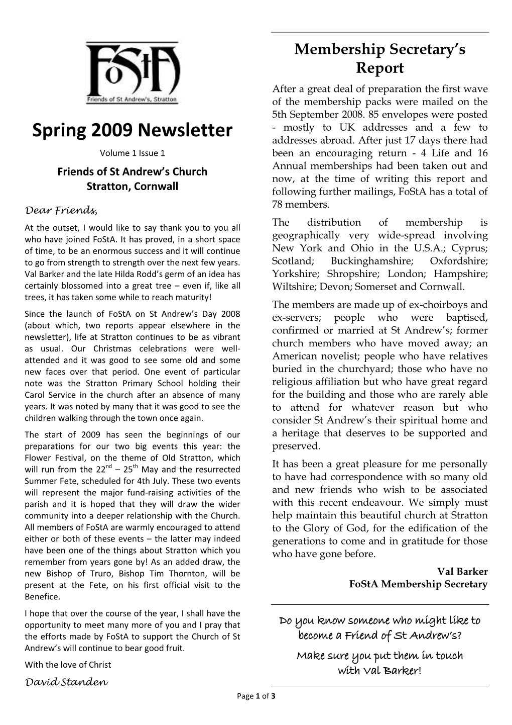 Spring 2009 Newsletter Addresses Abroad