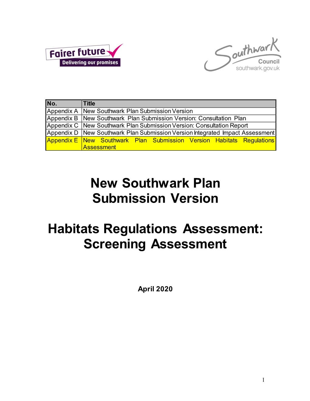 New Southwark Plan Submission Version Habitats Regulations Assessment