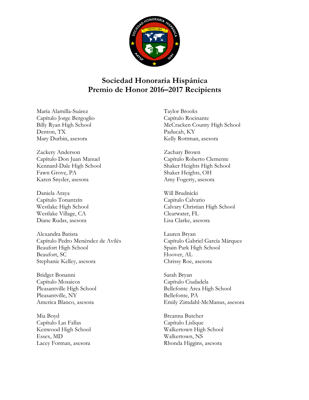 Sociedad Honoraria Hispánica Premio De Honor 2016–2017 Recipients