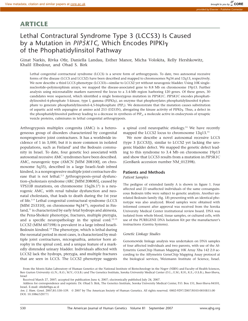 (LCCS3) Is Caused by a Mutation in PIP5K1C, Which Encodes Pipkig of the Phophatidylinsitol Pathway