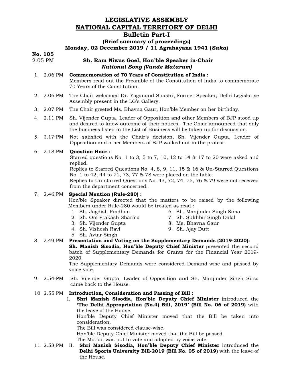 LEGISLATIVE ASSEMBLY NATIONAL CAPITAL TERRITORY of DELHI Bulletin Part-I (Brief Summary of Proceedings) Monday, 02 December 2019 / 11 Agrahayana 1941 (Saka ) No