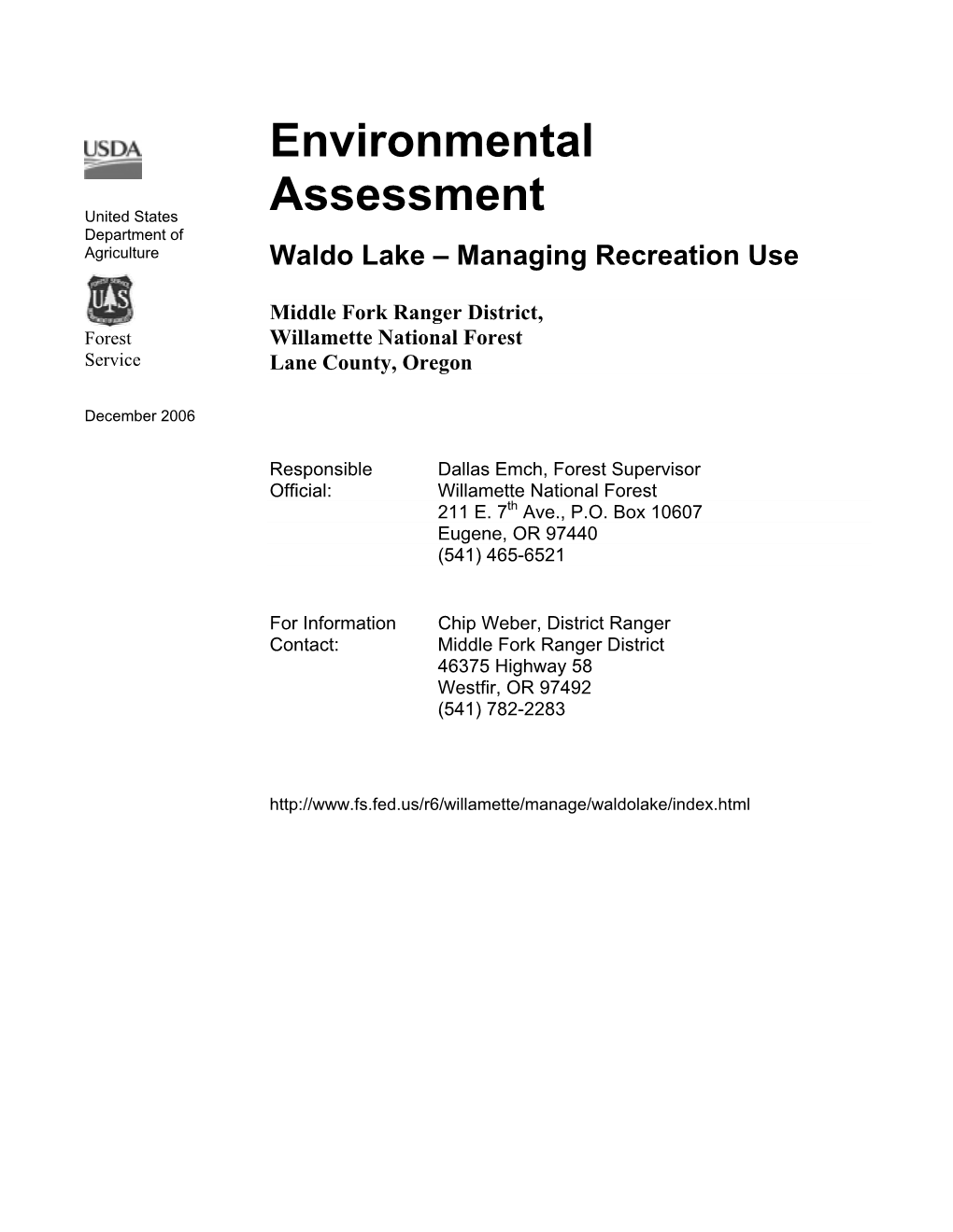 Environmental Assessment Waldo Lake Recreation Use