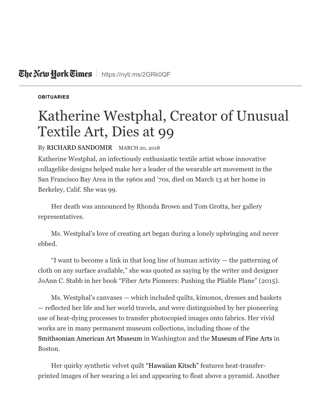 Katherine Westphal, Creator of Unusual Textile Art, Dies at 99