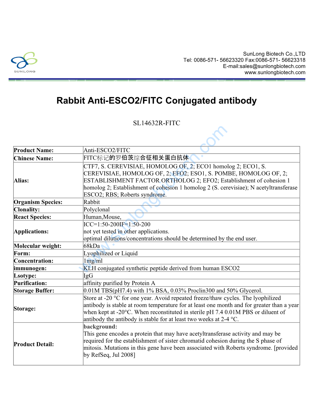 Rabbit Anti-ESCO2/FITC Conjugated Antibody