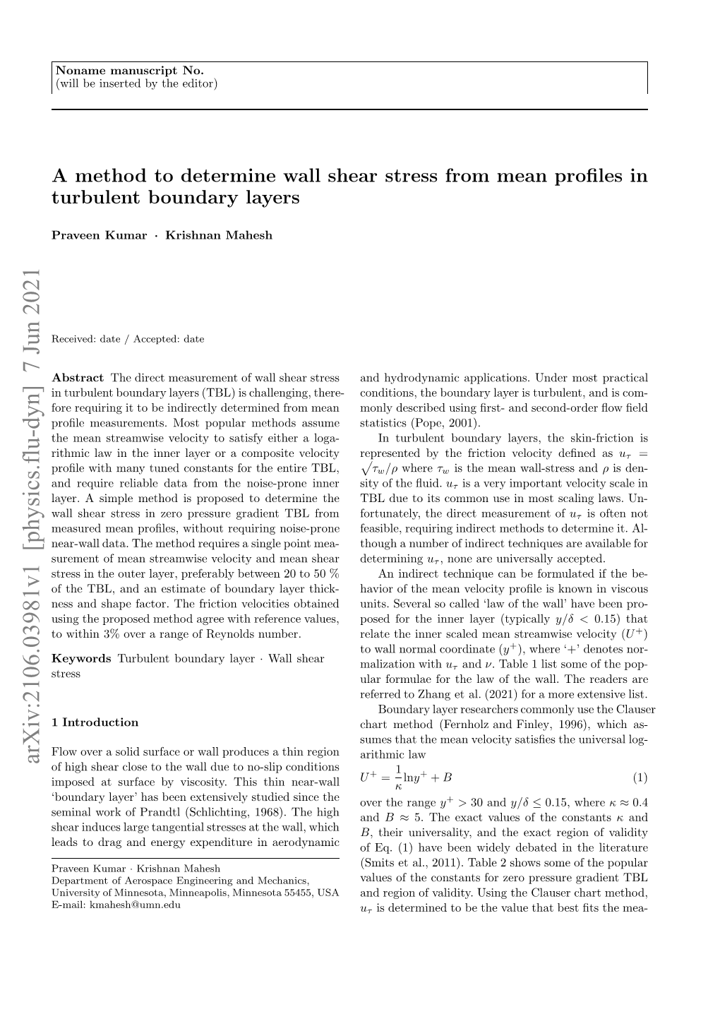 A Method to Determine Wall Shear Stress from Mean Profiles in Turbulent Boundary Layers