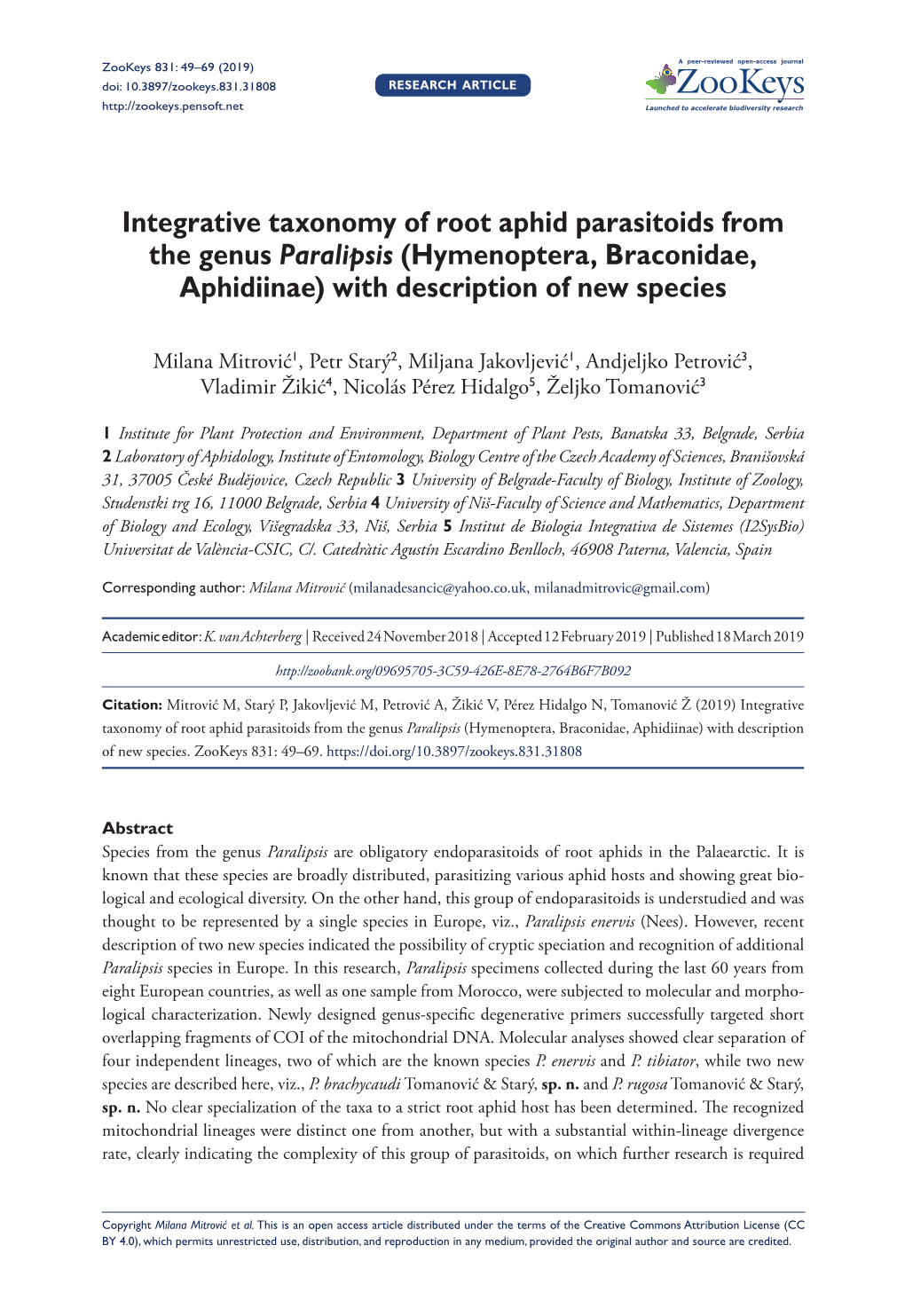 Integrative Taxonomy of Root Aphid Parasitoids from the Genus Paralipsis (Hymenoptera, Braconidae, Aphidiinae) with Description of New Species. Zookeys 831: 49–69