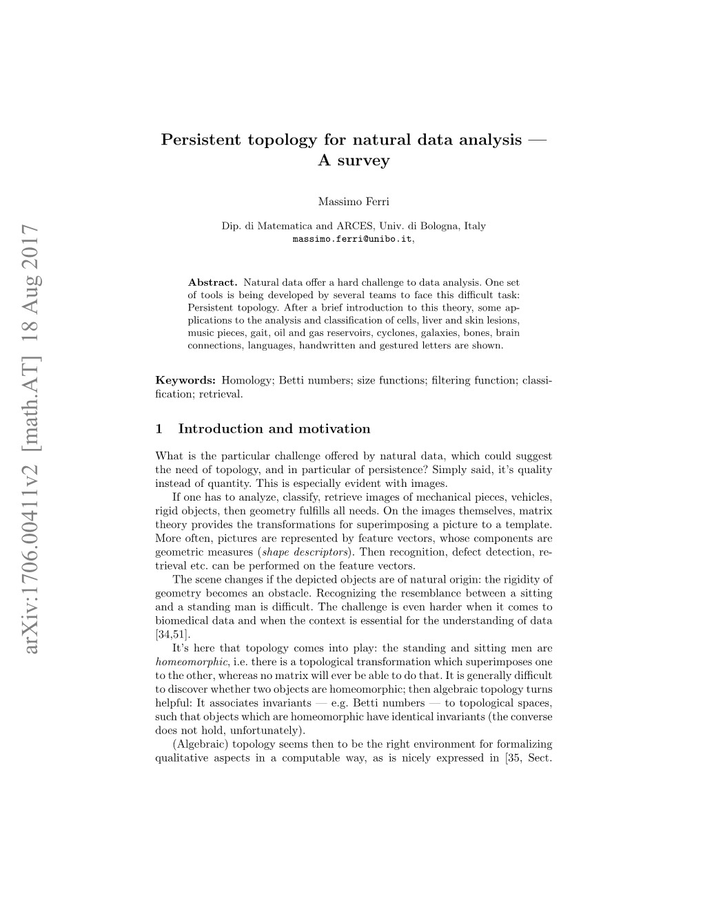 Persistent Topology for Natural Data Analysis-A Survey