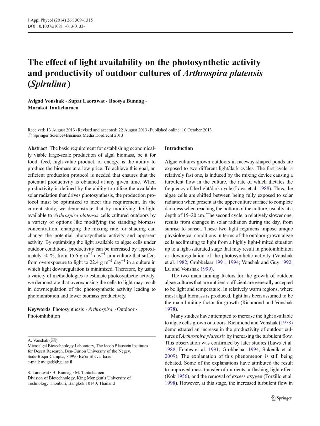 The Effect of Light Availability on the Photosynthetic Activity and Productivity of Outdoor Cultures of Arthrospira Platensis (Spirulina)