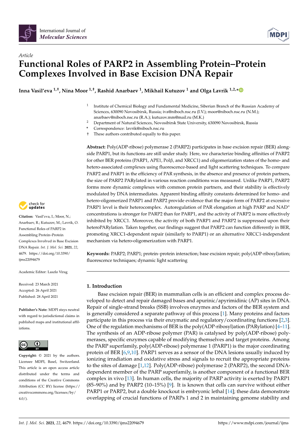 Functional Roles of PARP2 in Assembling Protein–Protein Complexes Involved in Base Excision DNA Repair