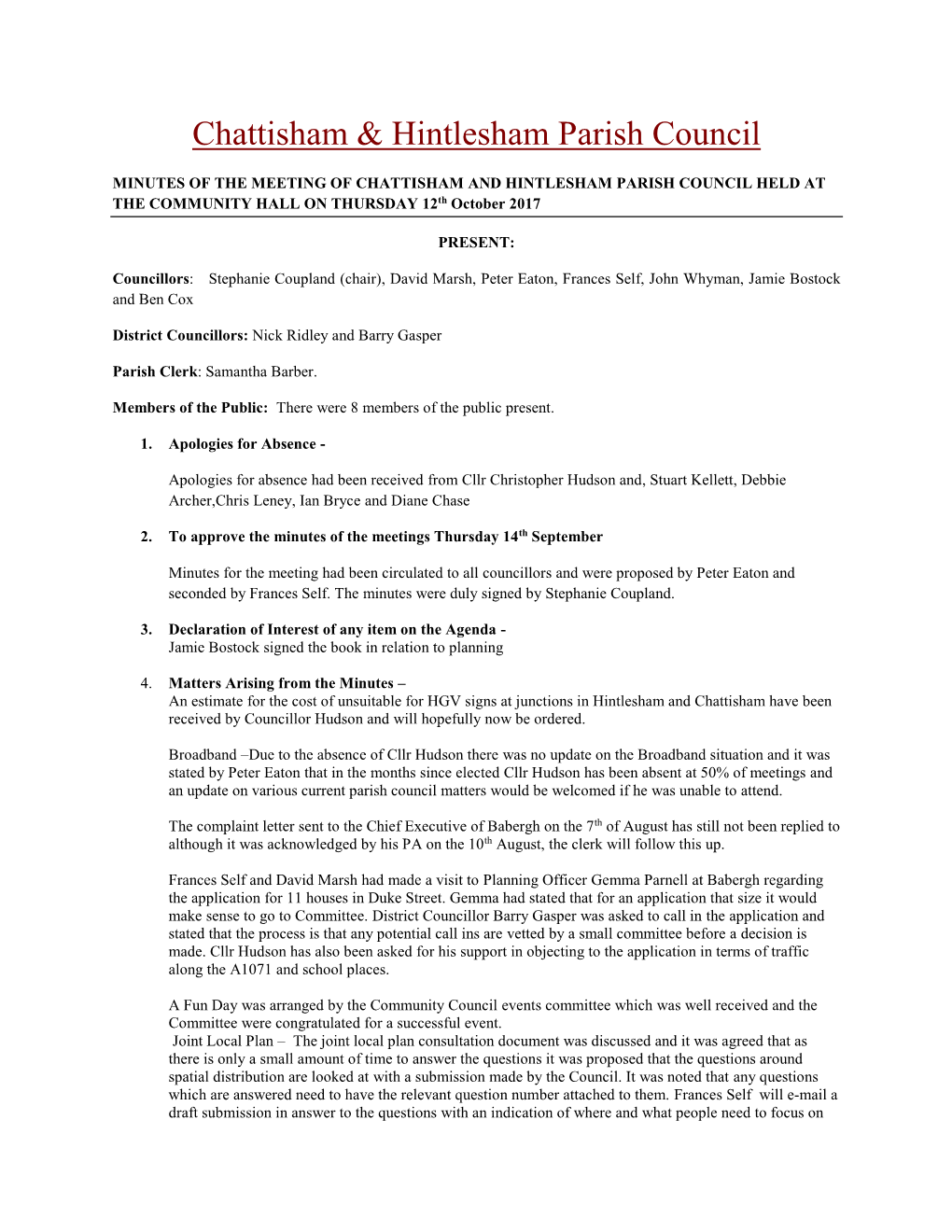 Minutes of a Meeting of Chattisham and Hintlesham Parish Council Held at the Community Hall Meeting Room at 7