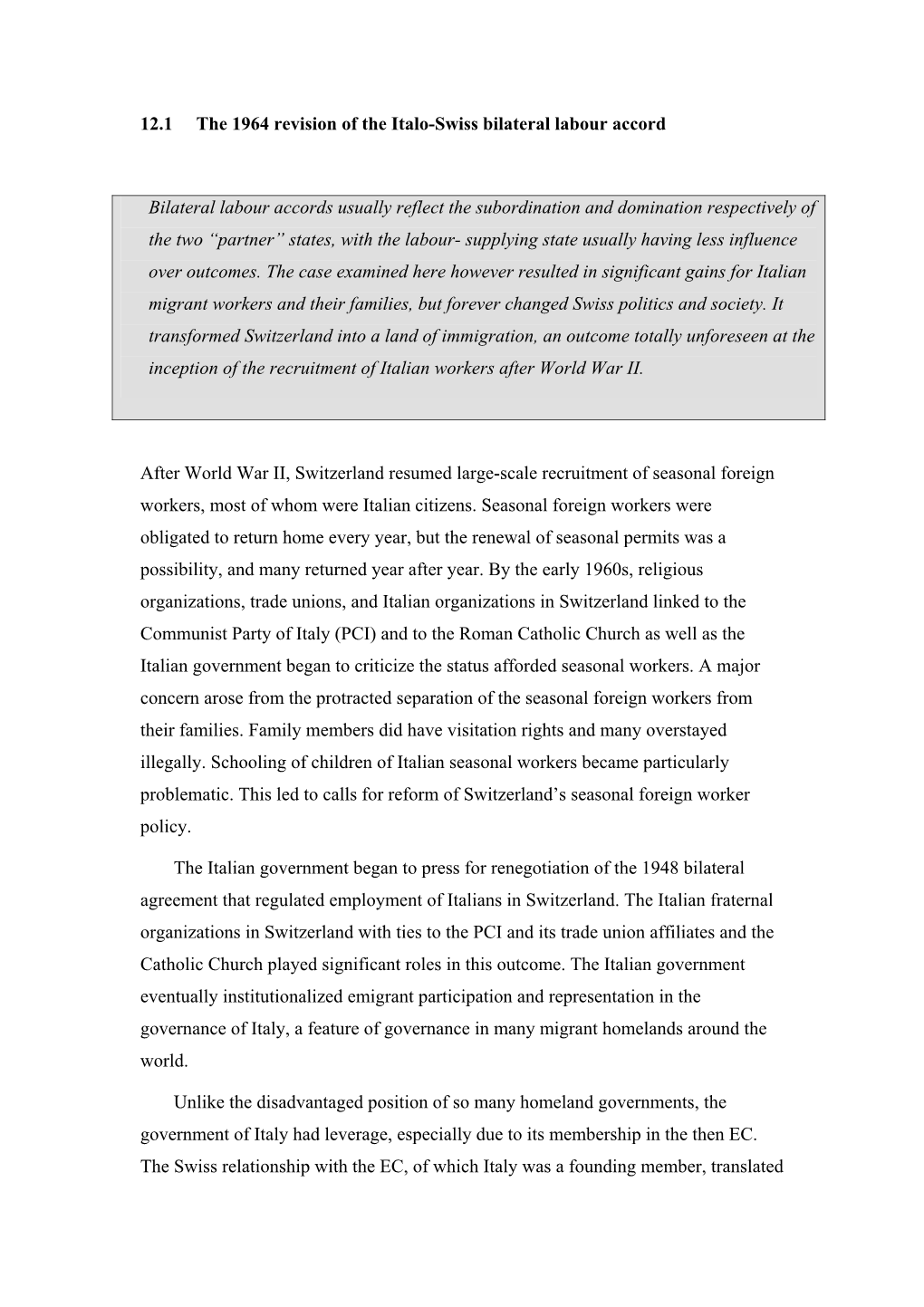 12.1 the 1964 Revision of the Italo-Swiss Bilateral Labour Accord