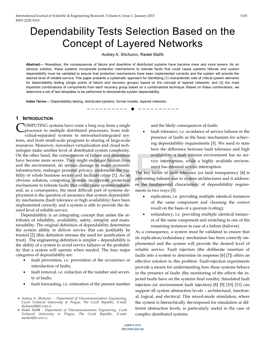 Dependability Tests Selection Based on the Concept of Layered Networks Andrey A