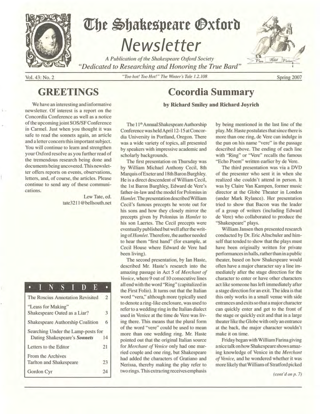 Newsletter a Publication of the Shakespeare Oxford Society "Dedicated to Researching and Honoring the True Bard"