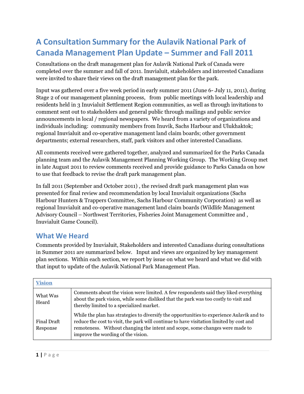 Consultation Summary for the Aulavik National Park of Canada Management Plan Update – Summer and Fall 2011