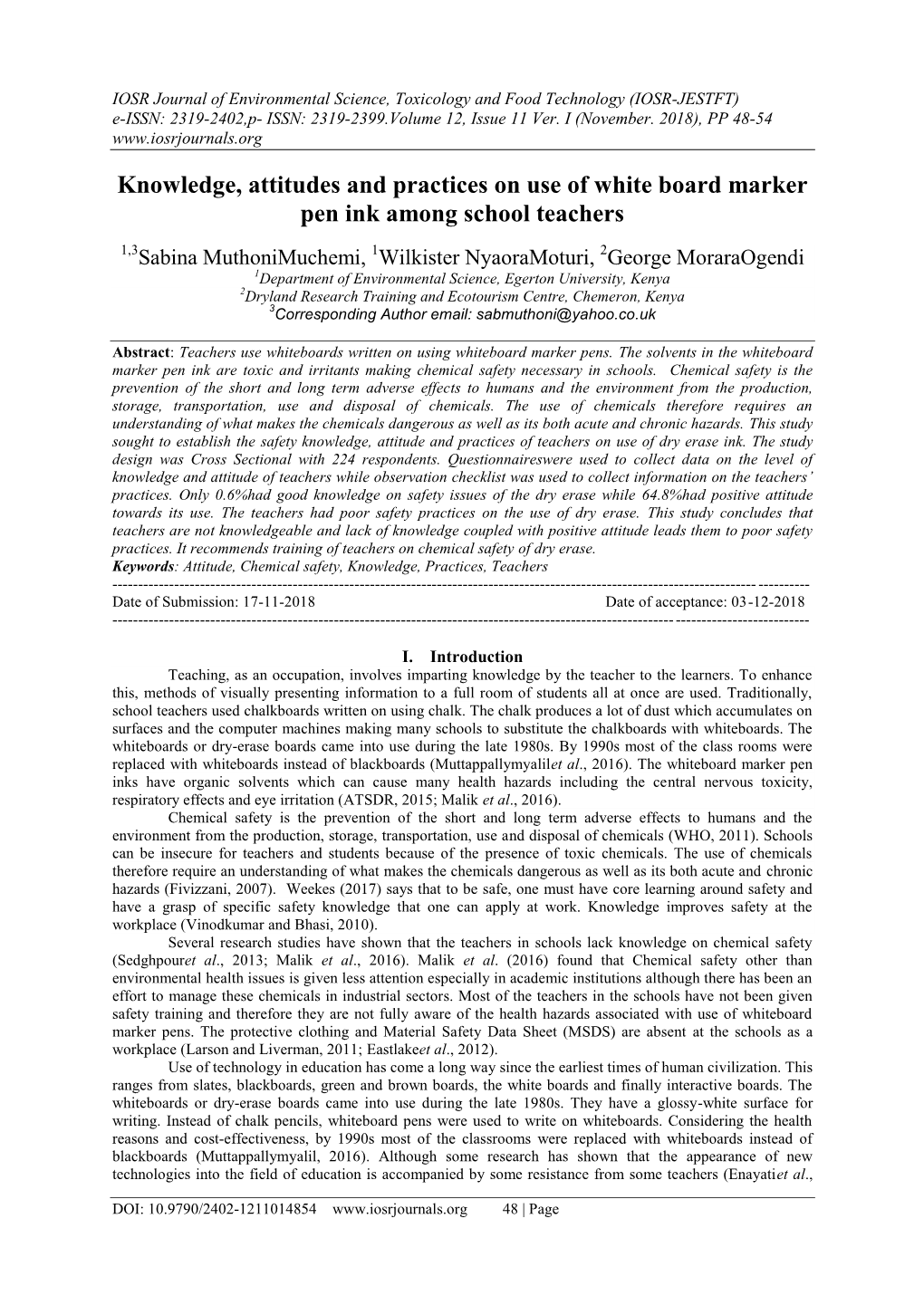 Knowledge, Attitudes and Practices on Use of White Board Marker Pen Ink Among School Teachers