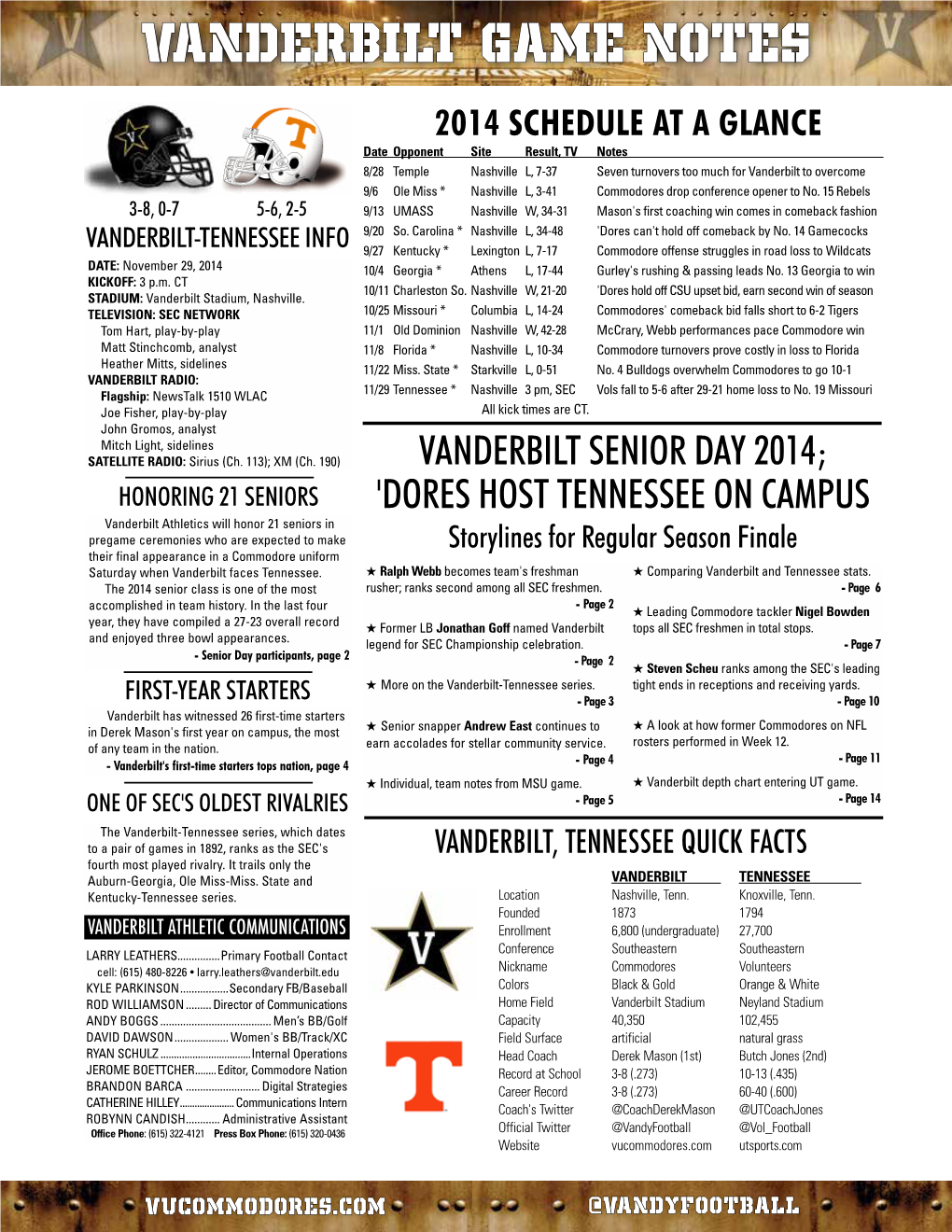 Vanderbilt GAME NOTES