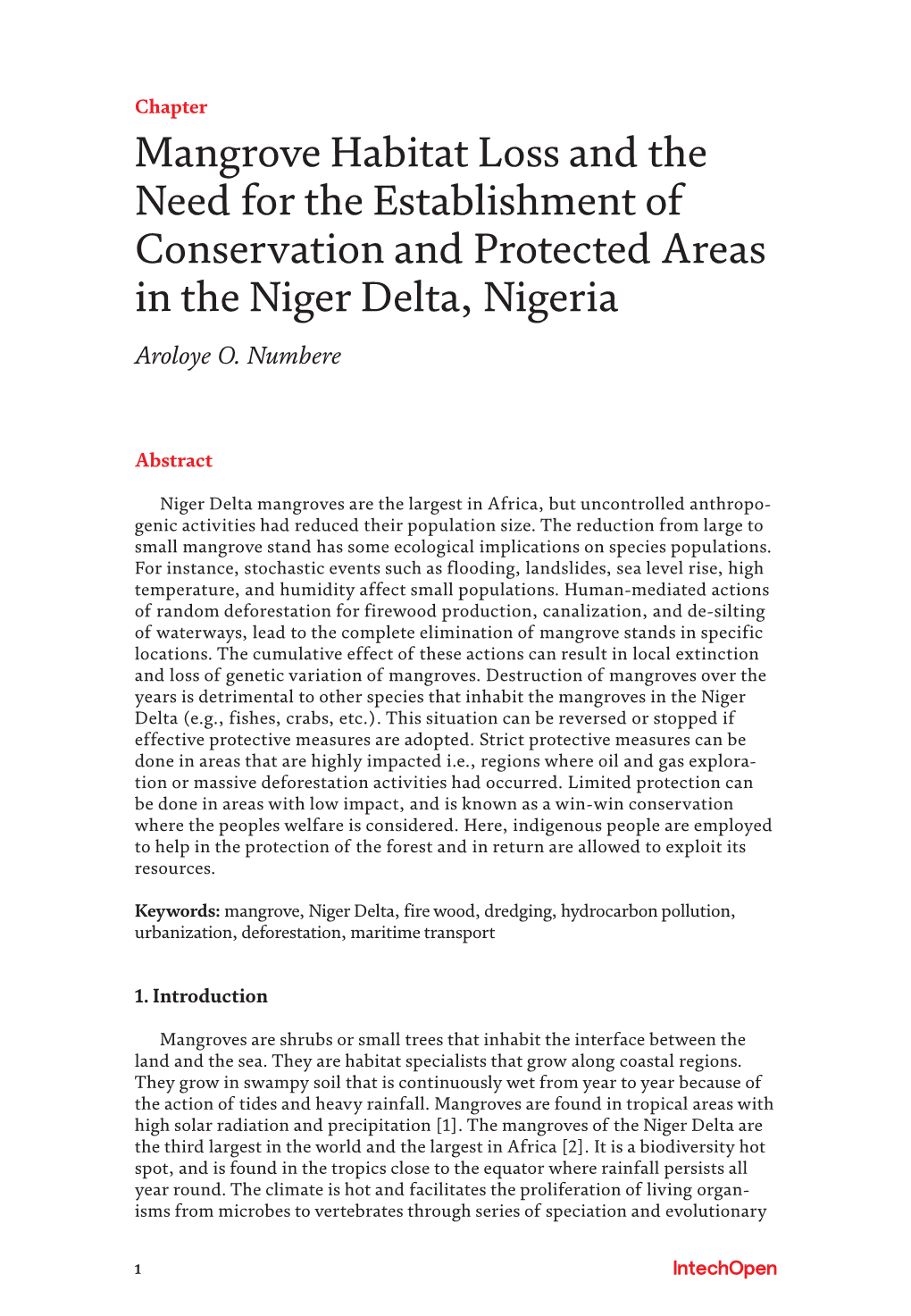 Mangrove Habitat Loss and the Need for the Establishment of Conservation and Protected Areas in the Niger Delta, Nigeria Aroloye O