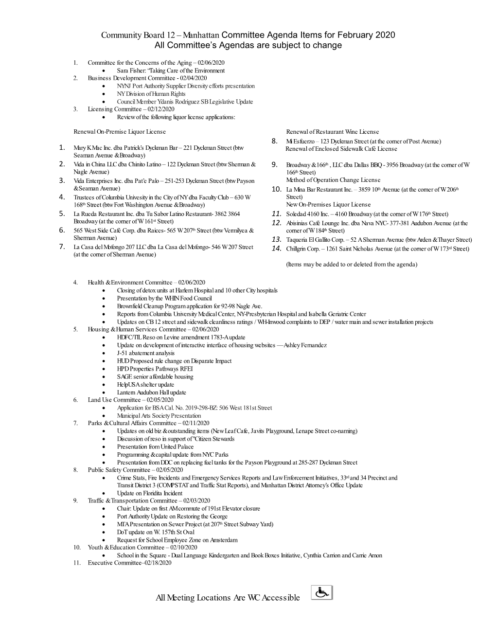 Community Board 12 – Manhattan Committee Agenda Items for February 2020 All Committee’S Agendas Are Subject to Change