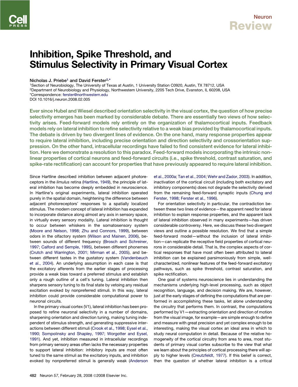 Inhibition, Spike Threshold, and Stimulus Selectivity in Primary Visual Cortex