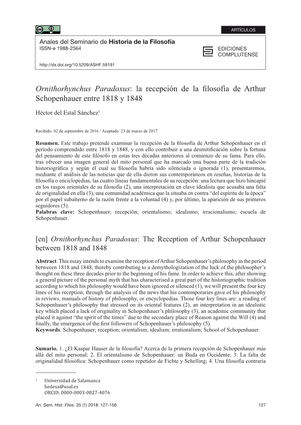 La Recepción De La Filosofía De Arthur Schopenhauer Entre 1818 Y 1848