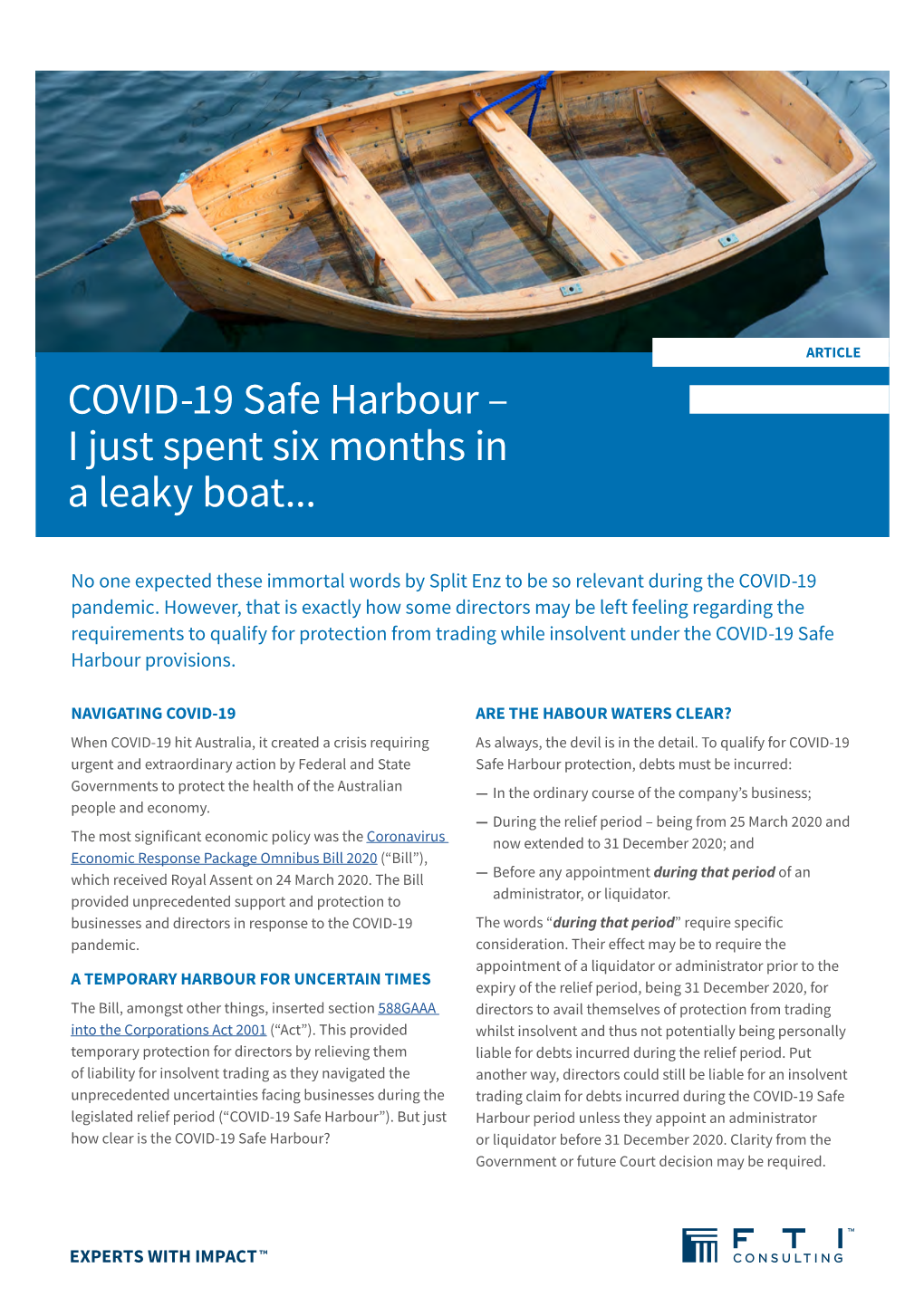 COVID-19 Safe Harbour – I Just Spent Six Months in a Leaky Boat