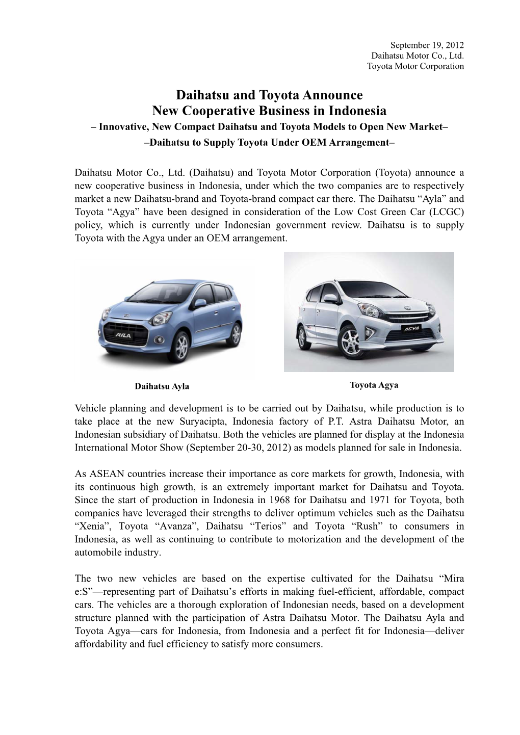 Daihatsu and Toyota Announce New Cooperative Business in Indonesia