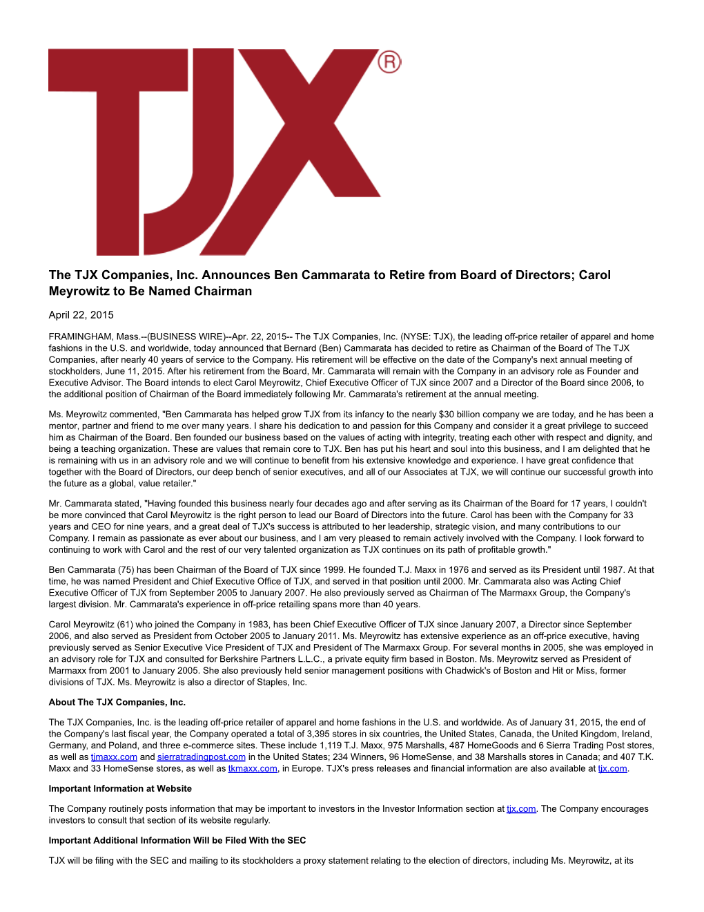 The TJX Companies, Inc. Announces Ben Cammarata to Retire from Board of Directors; Carol Meyrowitz to Be Named Chairman