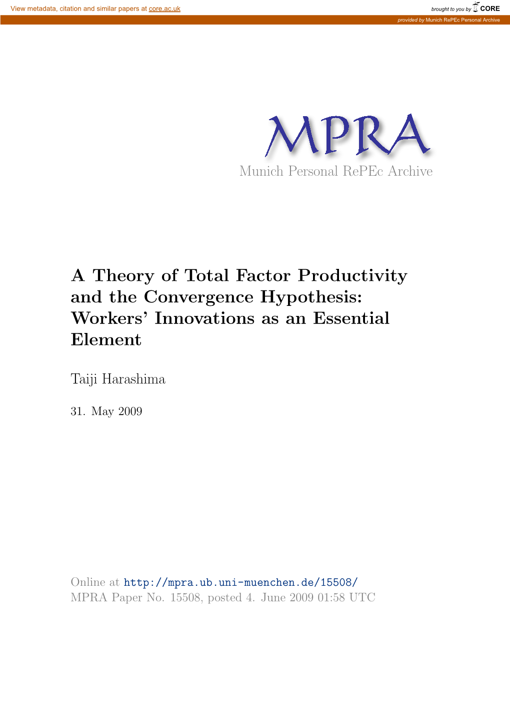 A Theory of Total Factor Productivity and the Convergence Hypothesis: Workers’ Innovations As an Essential Element