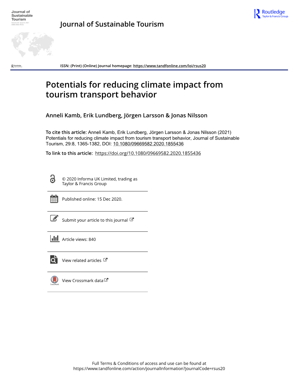 Potentials for Reducing Climate Impact from Tourism Transport Behavior