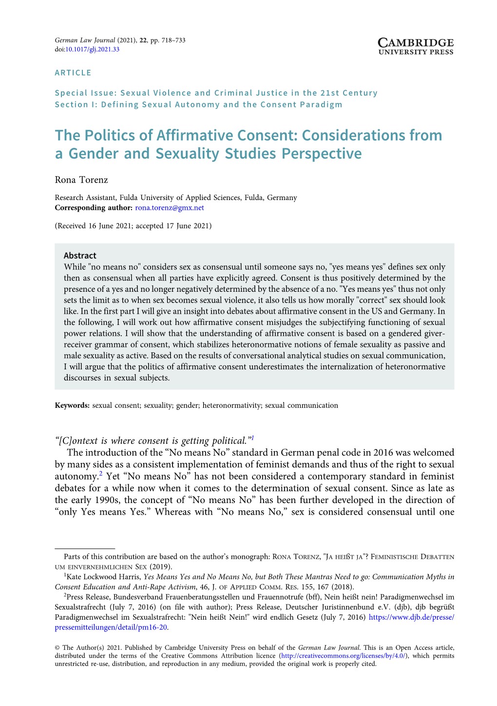 The Politics of Affirmative Consent: Considerations from a Gender and Sexuality Studies Perspective