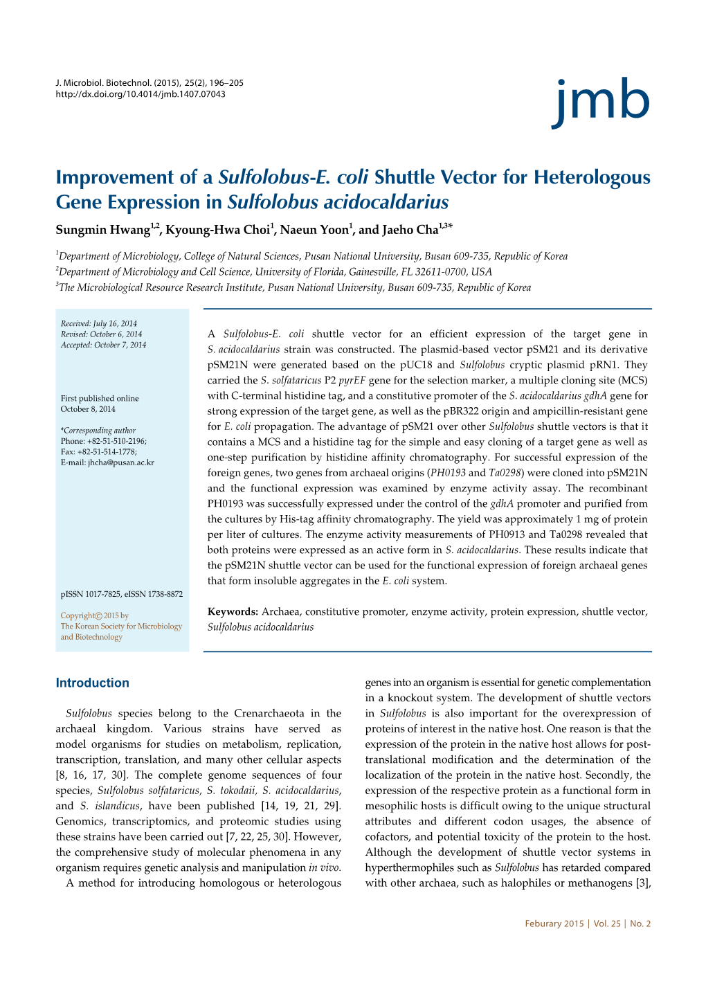 Improvement of a Sulfolobus-E. Coli Shuttle Vector for Heterologous