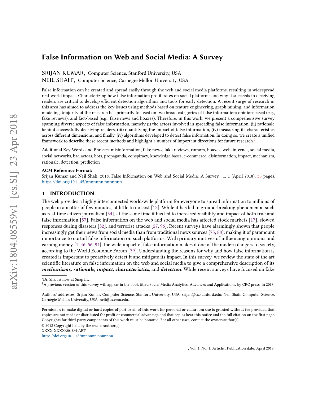 False Information on Web and Social Media: a Survey